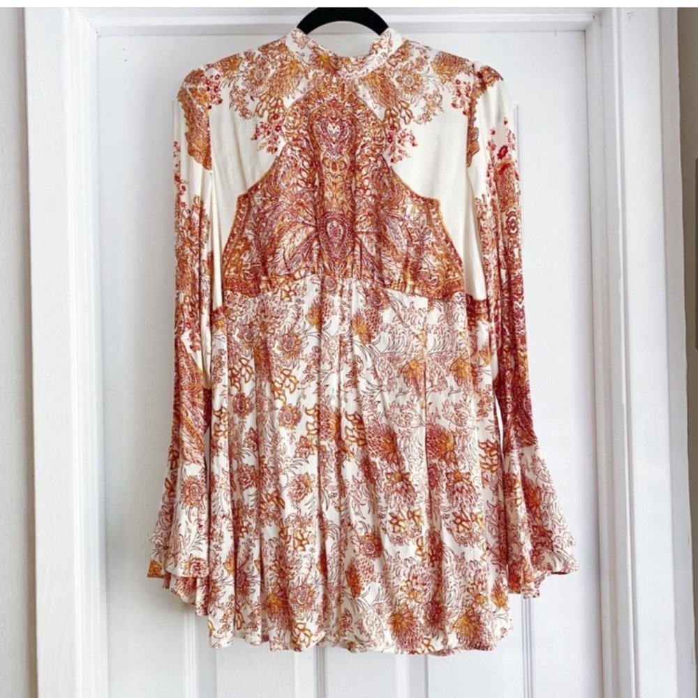 NWT FREE PEOPLE Lady Luck Tunic Dress Rust Ivory Open Back Tie Long Sleeve XS - Picture 4 of 12